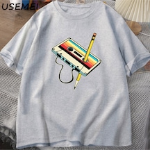 Flood Of Style 80s Kaset Bant Kalem T Shirt Erkek Kadın Retro Vintage Gerileme Müzik Kısa Kollu Grafik T Shi Gri