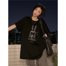 Flood Of Style Kadın Siyah Tavşan Baskılı Oversize T-shirt
