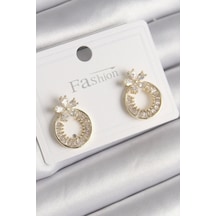 Pirinç Gold Renk Zirkon Taşlı Halka Model Çiçek Figür Kadın Küpe Çok Renkli