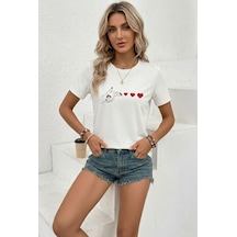 Mzpkartan Kadın Minimal Kalp İşaret Baskılı Tişört Kısa Kol Yazlık T-shirt - Beyaz