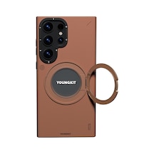 Galaxy S23 Ultra Kılıf Magsafe Uyumlu 360 Standlı Mat Deri Youngkit Tech Leather Kapak Kahverengi