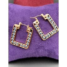 Çelik Suya Dayanaklı Kadın Kare 3cm Mavi Nazar Boncuklu Rose Gold Küpe Rose Gold