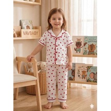 Kız Çocuk Pamuklu Kruvaze Yaka Önden Düğmeli Küçük Kalp Desenli Mevsimlik Alt Üst Pijama Takım Beyaz