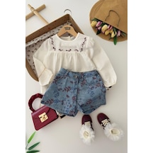 Miniğimin Cicileri Vintage Nakışlı Bluzlu Çiçek Desenli Denim Şortlu Kız Çocuk 2 Li Takım - Mavi Mavi