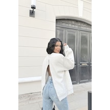 Fashion Friends Arka Sırt Boydan Fermuarlı Elbise Görünümlü Salaş Logolu Sweat Ekru