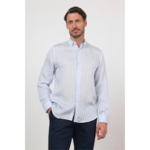 İmza Mavi Düğmeli Yaka Uzun Kol Cepsiz Slim Fit Gömlek 1004260165