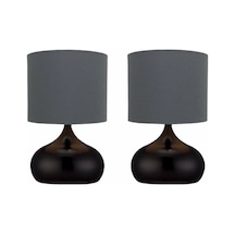 2 Adet Gri Kumaş Şapkalı Metal Ayaklı Elips Modelli Masa Konidin Yatak Odası Abajuru Gri-siyah