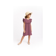 Robadan Fırfır Nakışlı Keten Kız Çocuk Elbise Mürdüm MÜRDÜM