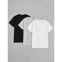 Basic Düz 3'lü Çoklu Kombin T-shirt -siyah, Beyaz Ve Gri Oversize Bisiklet Yaka Siyah Beyaz Gri