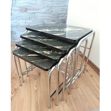 Angelo Black Marble Design 4'lü Zigon Sehpa Metal Krom Nikel Ayaklı E1 Guaranteed Mermer