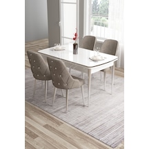 Canisa Tia Serisi 80x132 Açılabilir Mdf Mutfak Masası Takımı Beyaz Masa Krom Detay 4 Cappucino Sandalye Masa Beyaz Sandalye Cappucino