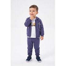 Toontoy Kids Toontoy Erkek Çocuk 3'lü Eşofman Takımı Uzun Kollu Bisiklet Yaka Nakışlı T-shirt - Kapüşonlu Fermuarlı Hırka- Beli Paçası Lastikli Eşofman Altı 25044 İndigo
