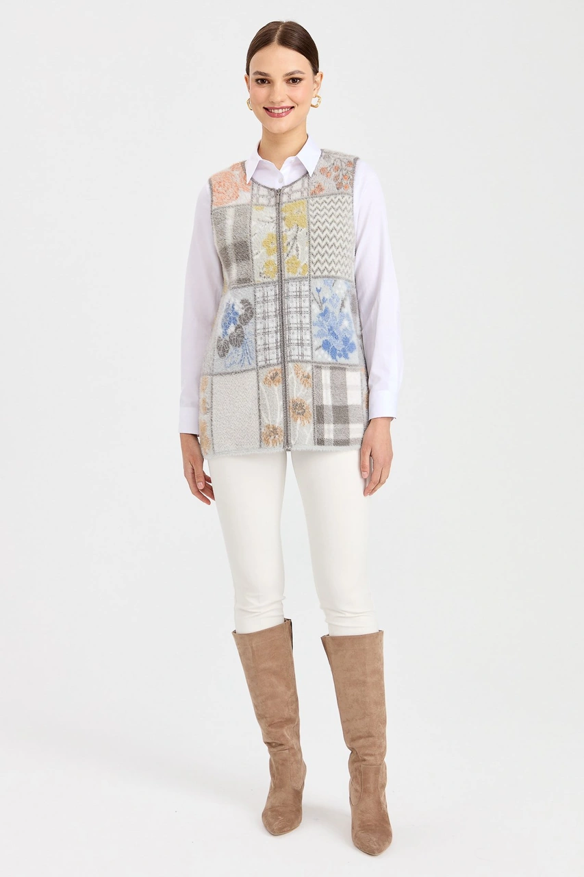 Desen Triko Kadın Sıfır Yaka Patchwork Yelek K.gri K.GRİ