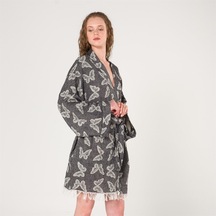 Kelebek Desenli Kadın Peştemal Plaj Kimono Sabahlık-Siyah-Standart