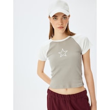 Koton Yıldız Baskılı Reglan Kollu Bisiklet Yaka Kaşkorse Slim Fit Tişört Gri 5sal10175ık Gri