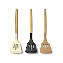 30 Cm Bambu Saplı Silikon Delikli Spatula, Yapışmaz Tava Ve Tencereler İçin Esnek Uçlu Mutfak Spatulası, Krep Omlet Balık Pancake Çevirici, 3 Renk Asorti Karışık Gönderim