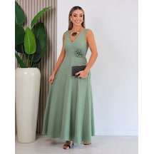 Veraura Lifestyle Kadın Askılı Derin V Yakalı Yırtmaçlı Uzun Elbise Yeşil