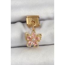 316l Çelik Sallantılı Zirkon Taşlı Çiçek Figürlü Kelebek Model Gold Renk Nomination Charm Diğer