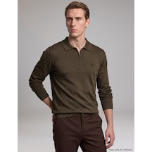 Pierre Cardin Haki Slim Fit Fermuarlı Polo Yaka Basic Triko Kazak 50333917-vr027