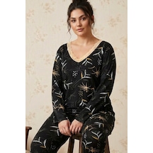Siyah İnci Siyah Desenli Büyük Beden Battal Boy Viskon Örme Pijama Takım 26224810 Çok Renkli
