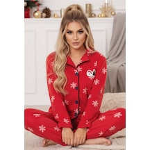 Siyah İnci Yılbaşı Temalı Nakışlı Kar Tanesi Desenli Polar Kışlık Örme Pijama Takım Kırmızı