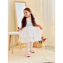 Beyaz Mavi Kemerli Vintage Elbise, Özel Dikim Çocuk Elbisesi, Doğum Günü Elbisesi,0-12 Yaşa Uygun Beyaz