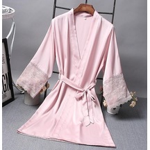 Sones Bornozlar Zarif Pijama Dantel Kadın Elbise Kimono İpek Bornoz Pembe