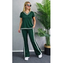 Defymoda Kadın Kısa Kollu V Yakalı Viskon Iki Iplik Bluz Ve Pantolon Ikili Takım Yeşil