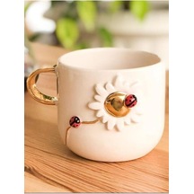 Papatya Kabartmalı 24 Ayar Altın Dekorlu El Yapımı Mug Daisy Flower 300 Ml Beyaz - Çok Renkli