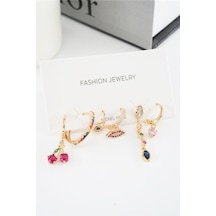 Kadın Vip Seri Mix Zirkon Taşlı 6'lı Küpe Seti - Altın