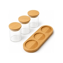 Bambu Standlı Yuvarlak 3 Lü Cam Baharatlık Seti, 3 X 190 Ml, Bambu Kapaklı Baharat Kavanozları, Üç Yuvalı Tezgah Üstü Düzenleyici Çok Renkli