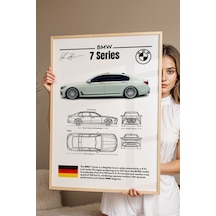Bmw 7 Serisi Tablo - Teknik Özellikli Alman Lüks Sedan Poster - Çerçeveli Duvar Dekoru - Blueprint Kayın