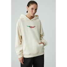 Grımelange CHILLI Kadın Oversize Şardonlu Kapüşonlu Baskılı Kanguru Cepli Ekru Sweatshirt
