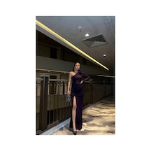 Lior Design Kadın El Emeği Tek Omuz Yırtmaçlı Balık Kesim Abiye Elbise Mor