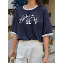 French Paris Parçalı Süprem T-shirt - Lacivert Beyaz Oversize Bisiklet Yaka Kısa Kol Tişört Lacivert Beyaz