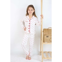 Esila Kids Kız Çocuk Pijama Takımı Kalp Desenli Yakalı Önü Düğmeli Cep Detaylı 4-12 Yaş Arası Kırmızı