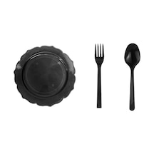 Omeyva 26 Cm. Siyah Sorfa Davet Seti - Sert Mika Plastik - 6 Kişilik Tabak Çatal Kaşık Takımı
