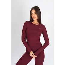Soft&Basic Kadın Uzun Kollu Baskılı Bisiklet Yaka Bordo Body Bordo