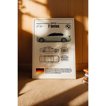 Bmw 7 Serisi Tablo - Teknik Özellikli Alman Lüks Sedan Poster - Çerçeveli Duvar Dekoru - Blueprint Beyaz