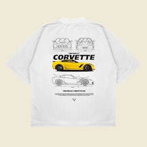 Tarzsokak Chevrolet Corvette Baskılı Oversize Unisex Pamuklu Nefes Alan Kalın Kumaşlı Beyaz