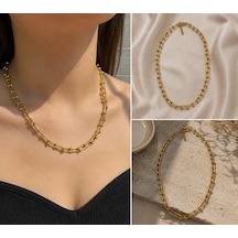 Premium Parlak Ve Şık Gold Renk Geometrik Zincir 316l Çelik Kadın Kolye 45cm Altın