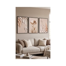 Siyah Ahşap Çerçeveli Bej Çiçek Ve Soyut Minimalist Üçlü Duvar Tablosu Modern Dekorasyon Kabartma Görünümlüdür Siyah