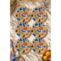 6 Lı Cam Çay Tabağı - Renkli Modern Geometrik Desenli 12 Cm - 6 Adet Çay Tabak Çok Renkli