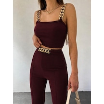 Efnaz Style Kadın Zincir Askılı Krop Ithal Krep Bluz Ve Pantolon Ikili Takım Bordo