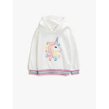 Koton Pamuklu Unicorn Baskılı Kapüşonlu Uzun Kollu Sweatshirt Kırık Beyaz 1ykg17537ak Ekru