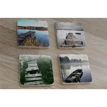 Gölde İskele Ve Kayık Manzaraları Doğal Taş Bardak Altlığı 4'lü Set - Natural Stone Coasters - Taş Çok Renkli