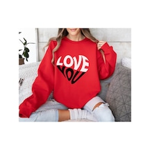 Magors Stıl-x Sevgililer Gününe Özel Love You Baskılı, Pamuklu, Bisiklet Yaka, Unısex Sweatshırt Kırmızı