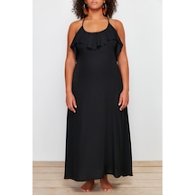 Ersefa Moda Rahat Plaj Günlük Shally Dokuma V Yaka Askılı Kol Basic Maxi Siyah