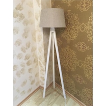 Bej Konik Başlık Mdf Beyaz Ayak Lambader Abajur Ly645