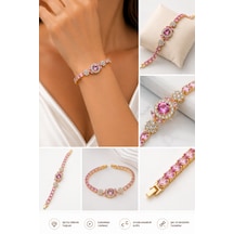 Pembe Zirkon Taşlı Gold Kadın Bileklik - Çiçek Ve Oval Taş Detaylı Tasarım Altın - Pembe